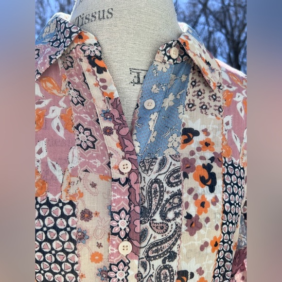 Sheer Patchwork 1/2 Button Up Duster Pink Blue G.I.L.I. Got It Love It Sz M - Picture 6 of 8